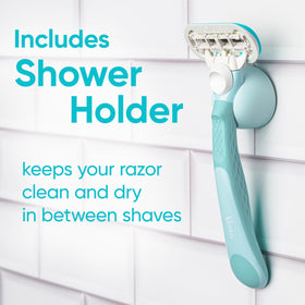 Mounted shower holder with Gillette Venus razor kept upright to help keep blades dry and tidy