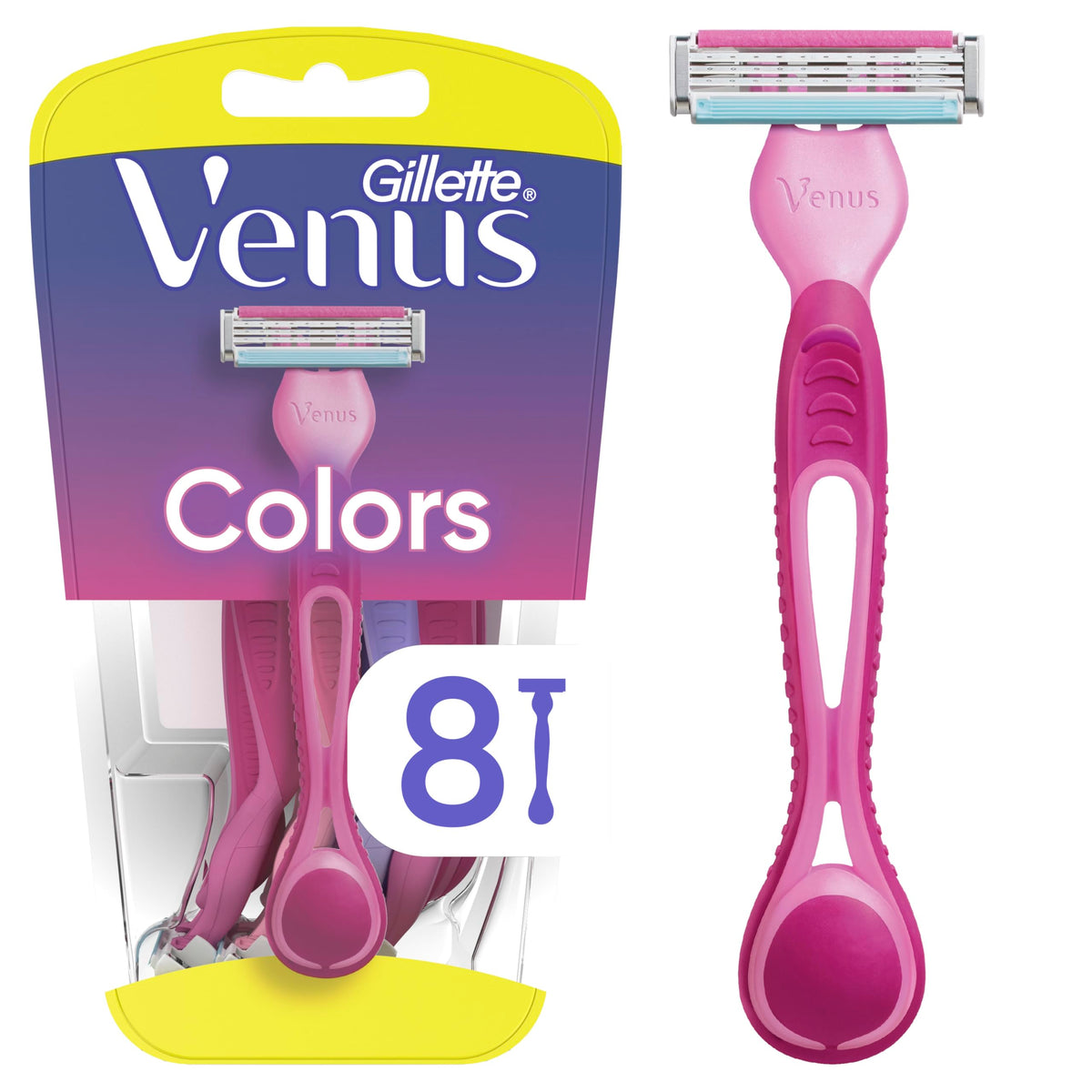 Gillette Venus Simply3 front packaging showing eight disposable razors for affordable comfort