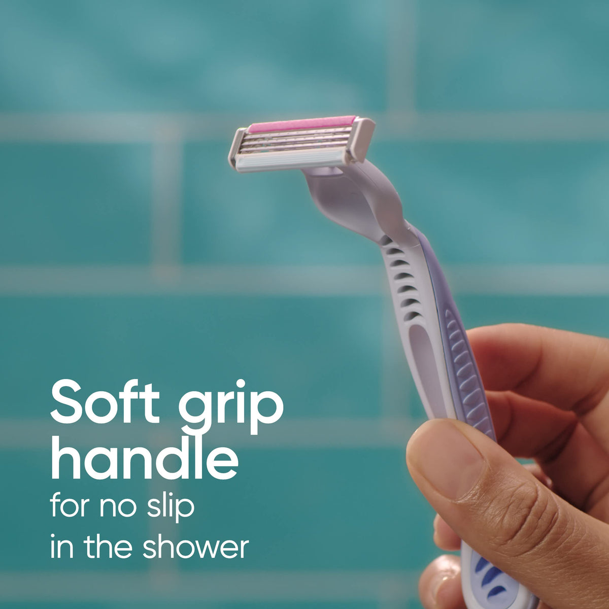 Gillette Venus close-up of soft-grip handle for secure control when shaving