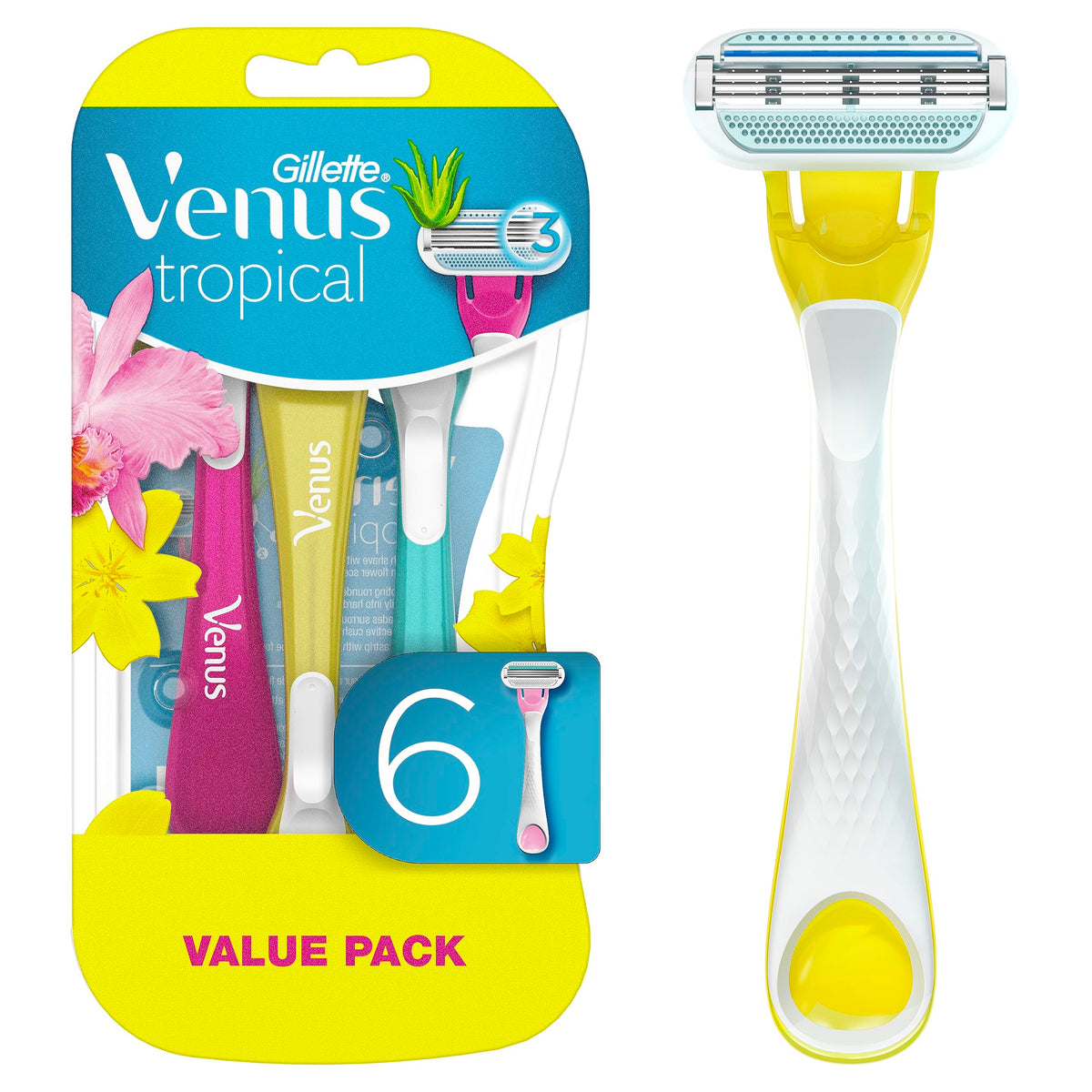 Gillette Venus front packaging showing six tropical disposable razors and value pack benefit