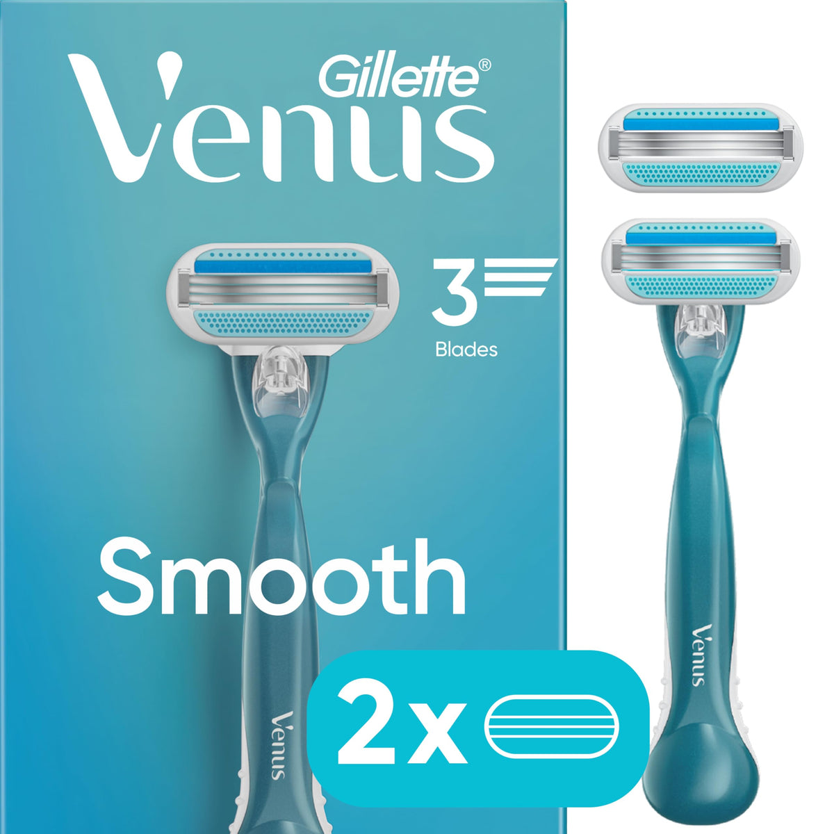 Gillette Venus two refills with handle laid out for included contents