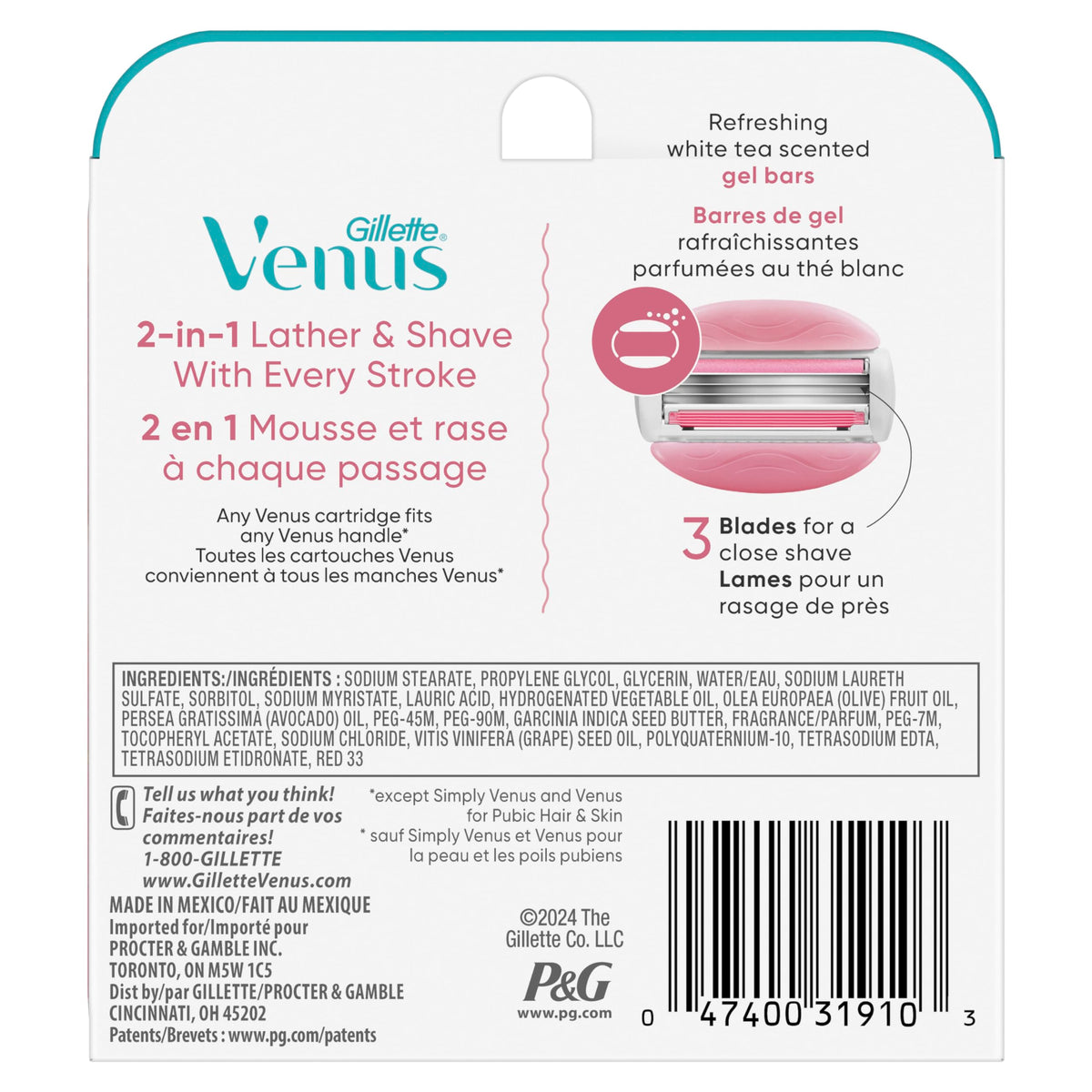 Gillette Venus replacement blade label highlighting compatibility and scent