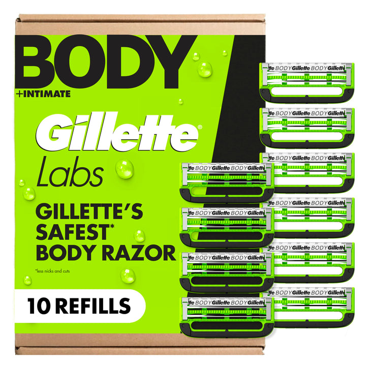 GilletteLabs front packaging showing ten body refill cartridges and convenience