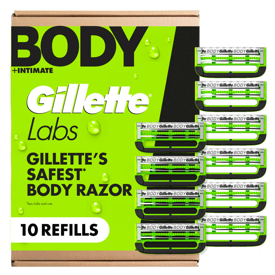 GilletteLabs front packaging showing ten body refill cartridges and convenience