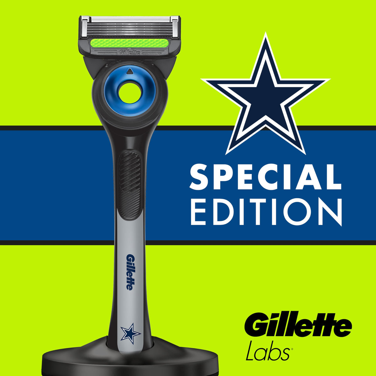 Gillette Labs Cowboys kit on bathroom counter illustrating daily grooming routine
