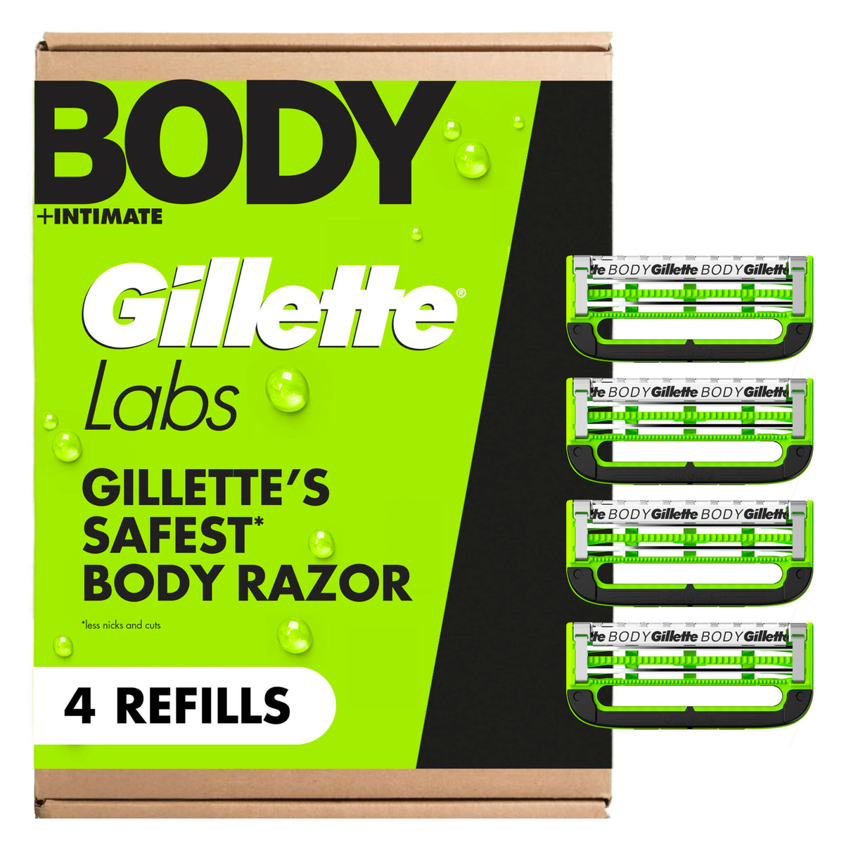gillettelabs front packaging showing four refill cartridges and convenience