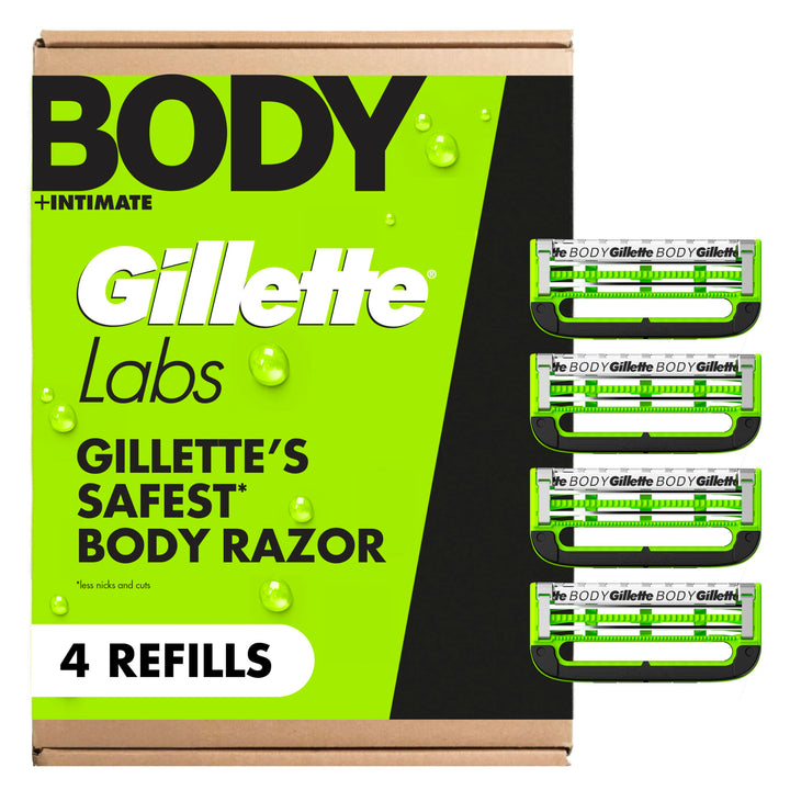 gillettelabs front packaging showing four refill cartridges and convenience