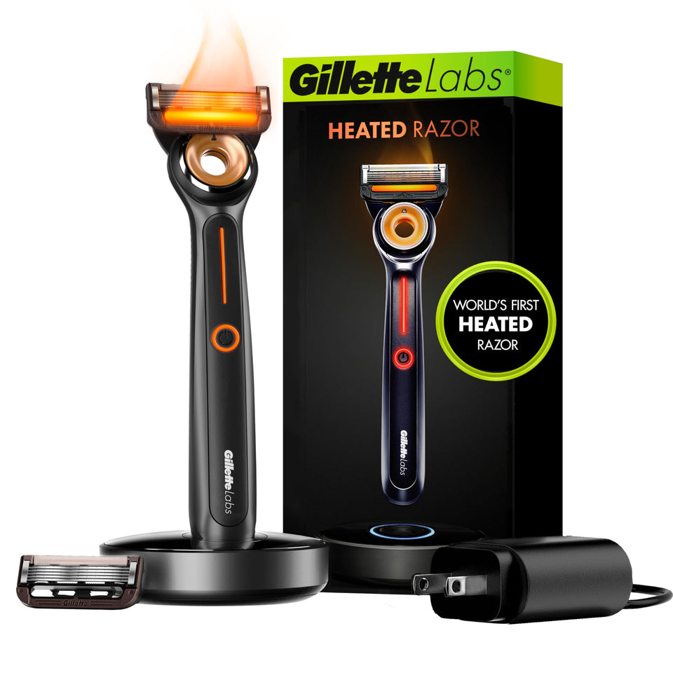 GilletteLabs heated razor front view showing premium handle and dock, highlights convenience