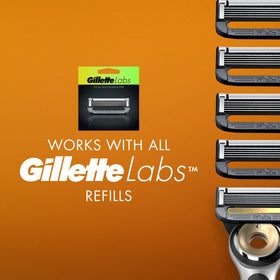 GilletteLabs starter kit contents laid out showing handle, refills, and dock, shows what’s included