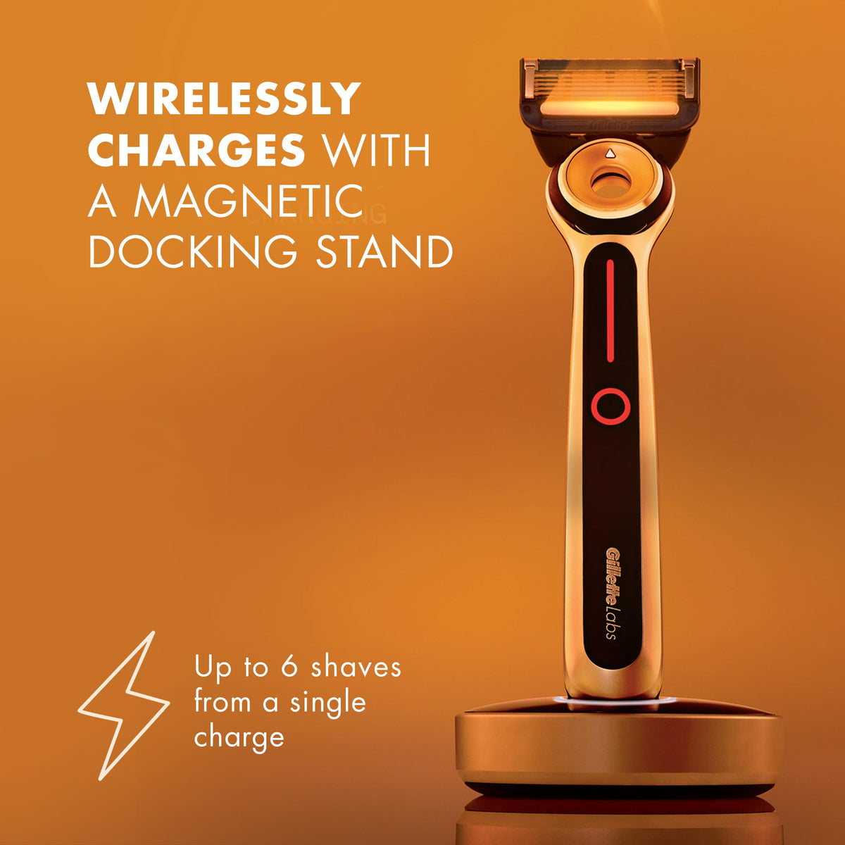 GilletteLabs magnetic charging dock with razor seated, keeps device charged and ready