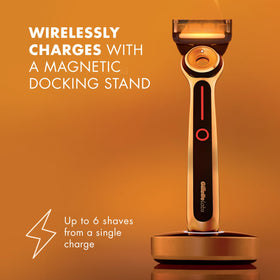 GilletteLabs magnetic charging dock with razor seated, keeps device charged and ready