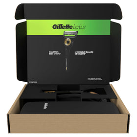 GilletteLabs retail box front showing included handle, refills, and travel case