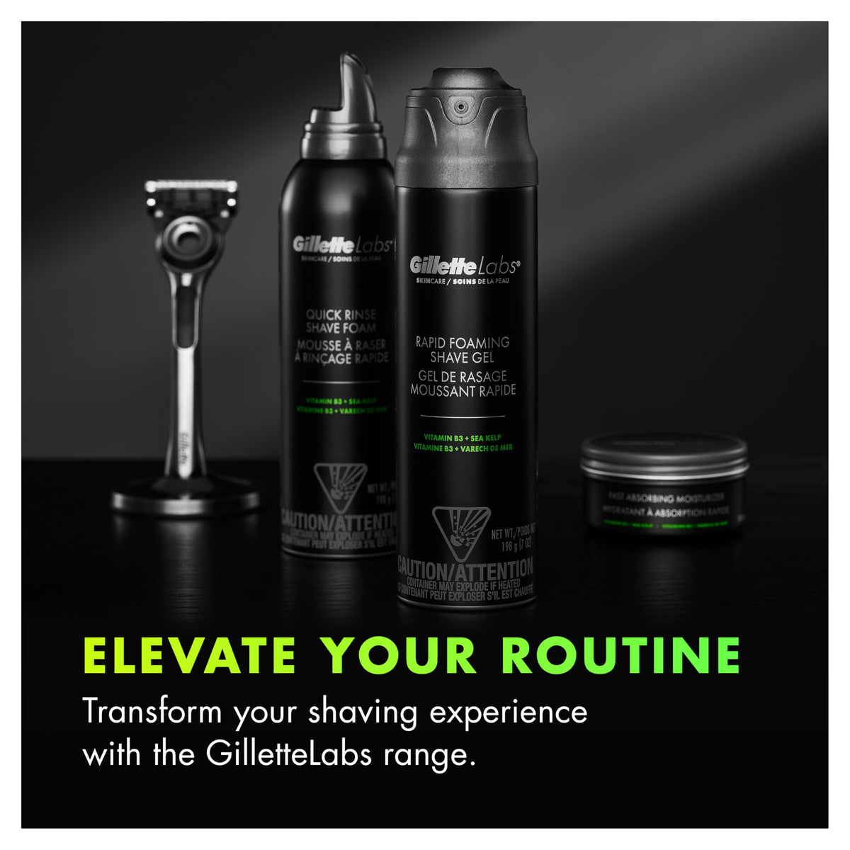 GilletteLabs gel next to a Gillette razor illustrating complementary use and better shaves