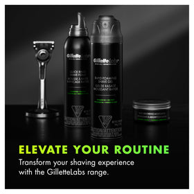 GilletteLabs gel next to a Gillette razor illustrating complementary use and better shaves