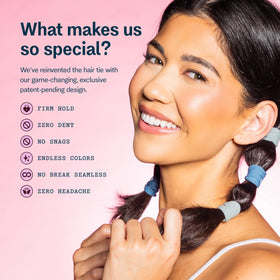 GIMME band securing a fine ponytail demonstrating secure hold without dent benefit