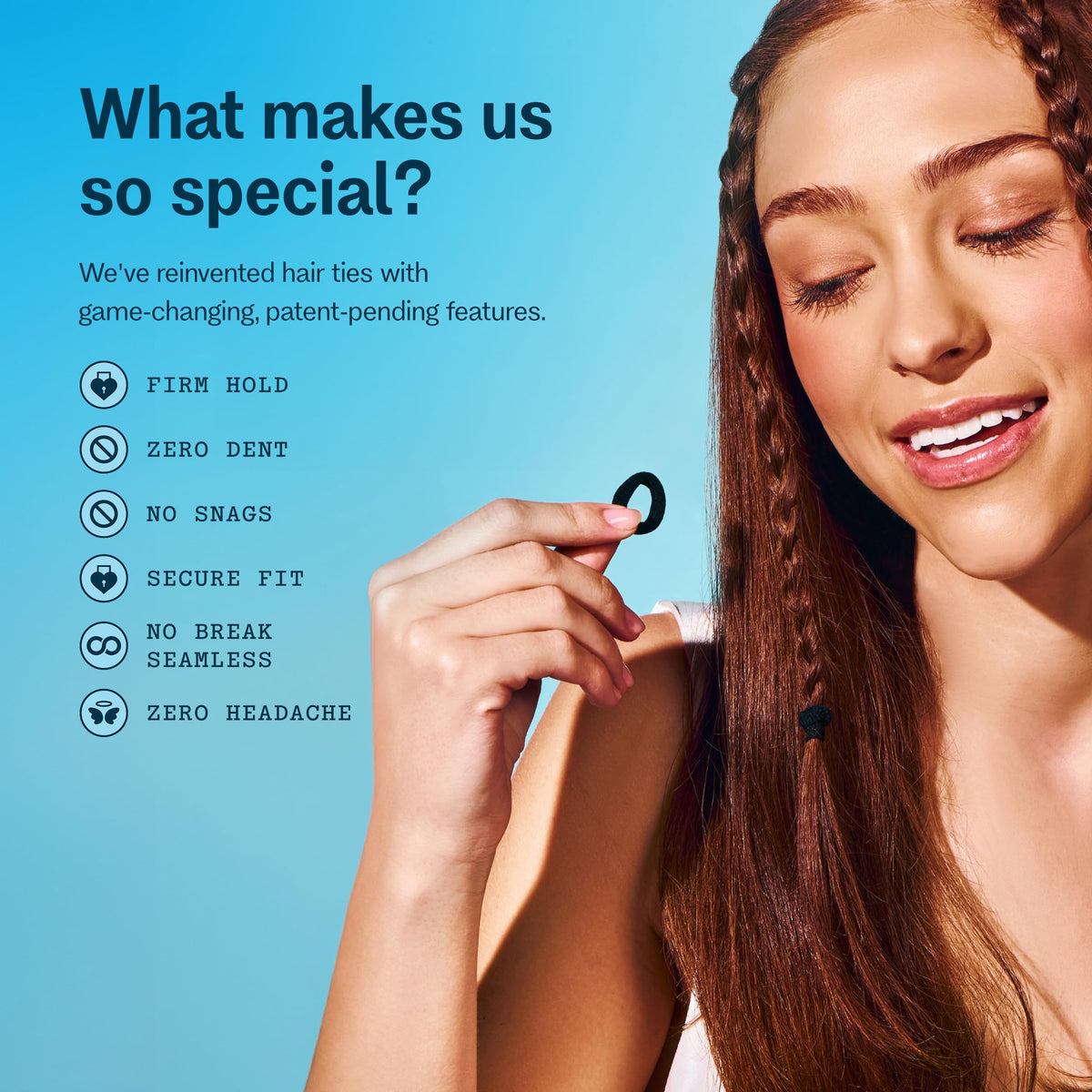 GIMME black band holding a low ponytail on model for comfortable secure hold