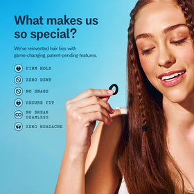 GIMME black band holding a low ponytail on model for comfortable secure hold