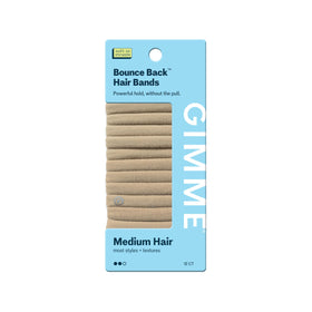 GIMME brand front packaging of blonde hair bands showing pack of twelve and convenience