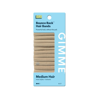 GIMME brand front packaging of blonde hair bands showing pack of twelve and convenience