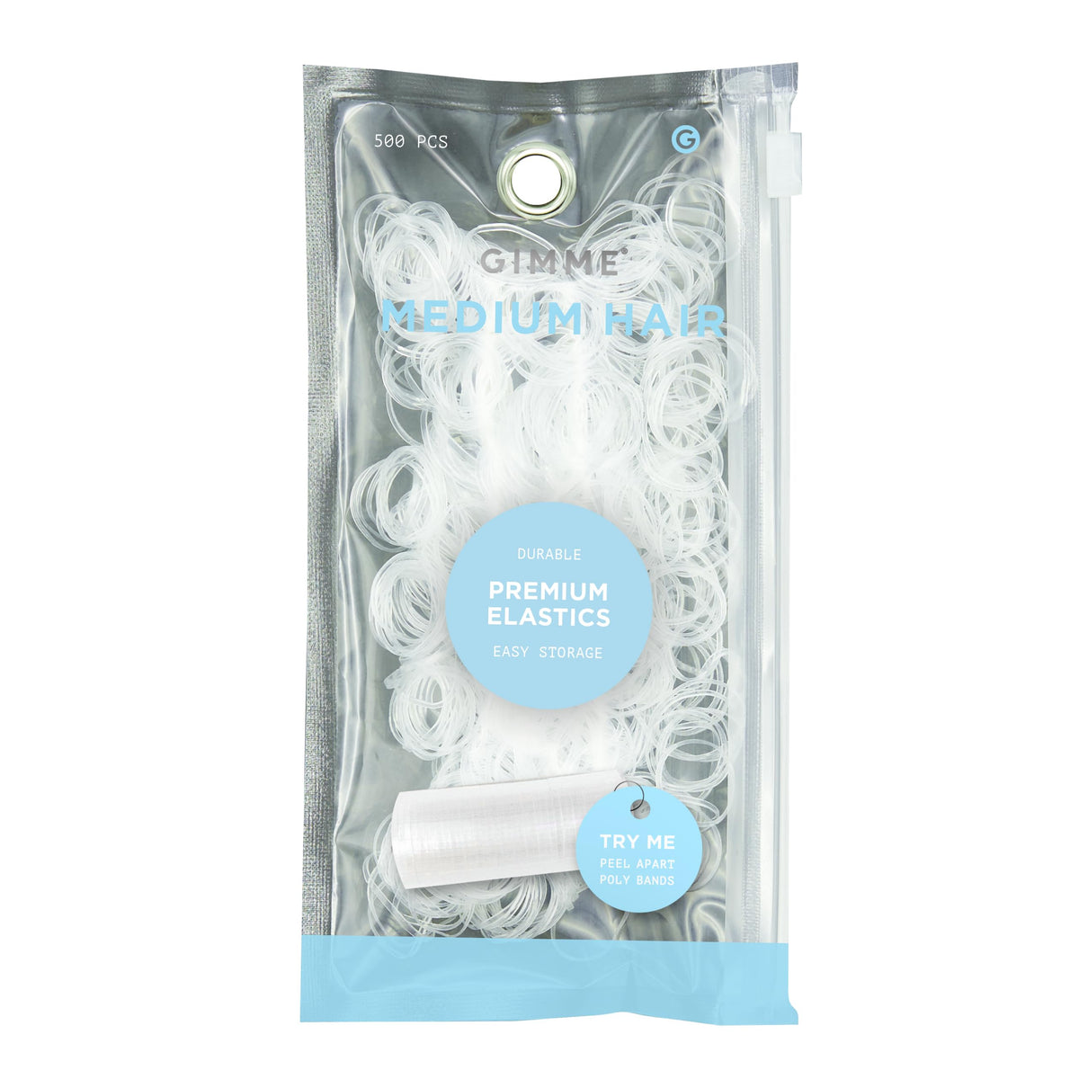 GIMME front packaging showing clear elastics and pack benefit