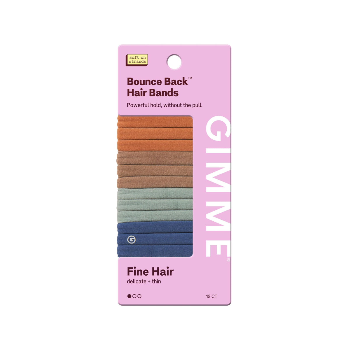GIMME front packaging showing 12-count assorted slim hair bands and packaging benefit