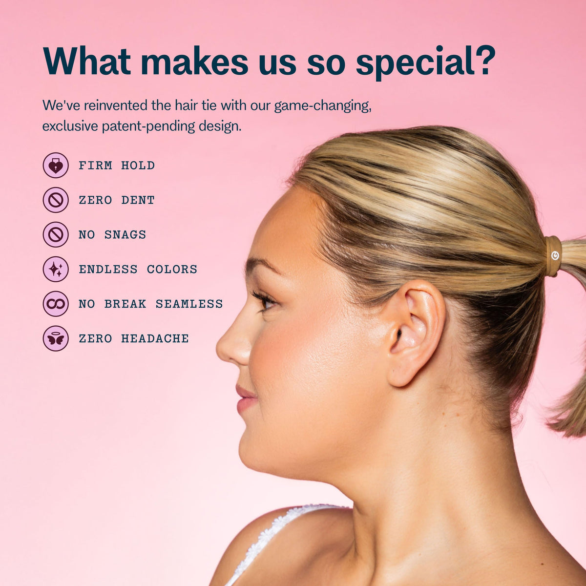GIMME band holding a low ponytail on fine hair demonstrating secure, no-dent hold