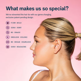 GIMME band holding a low ponytail on fine hair demonstrating secure, no-dent hold