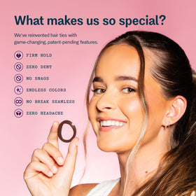 GIMME band in dark brown holding a low ponytail for no-dent benefit