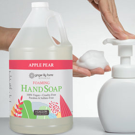 Ginger Lily Farms bathroom refill in dispenser showing reduced plastic waste benefit