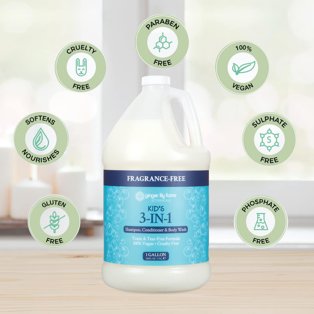 Ginger Lily Farms gallon beside everyday items showing scale and economical volume