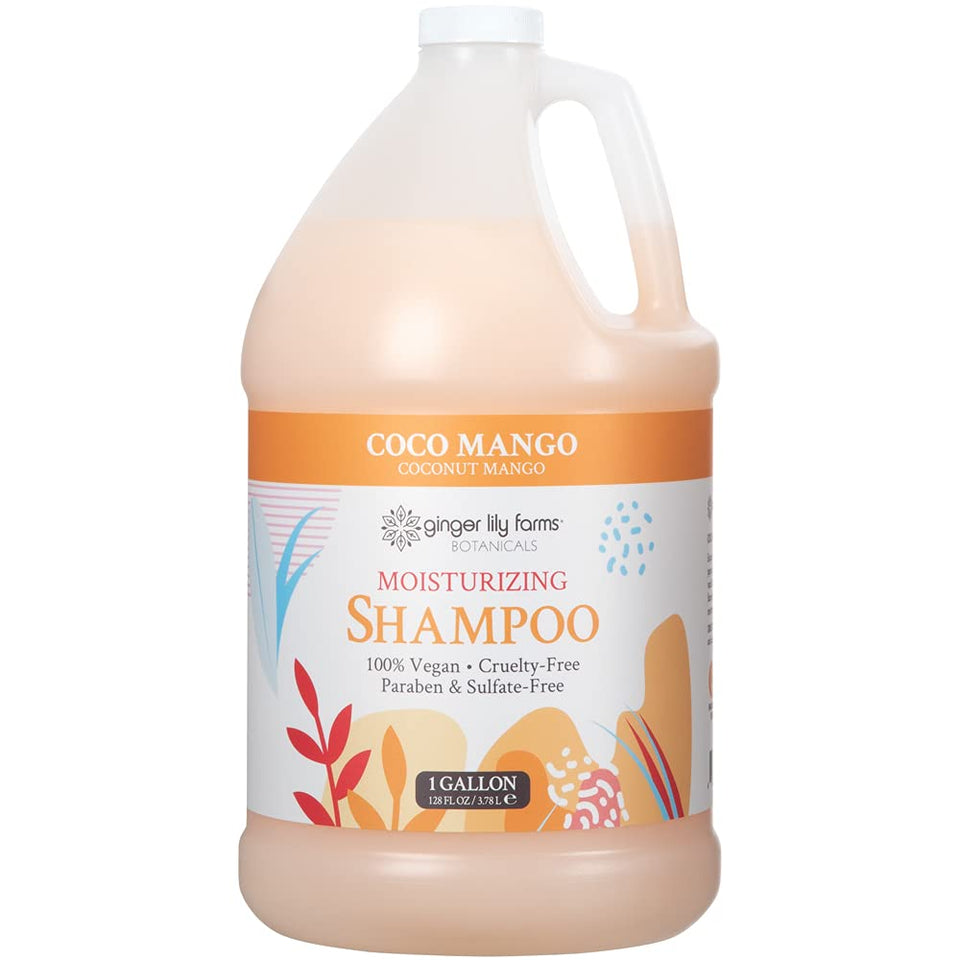 Ginger Lily Farms gallon bottle front label showing coconut mango fragrance and vegan claim