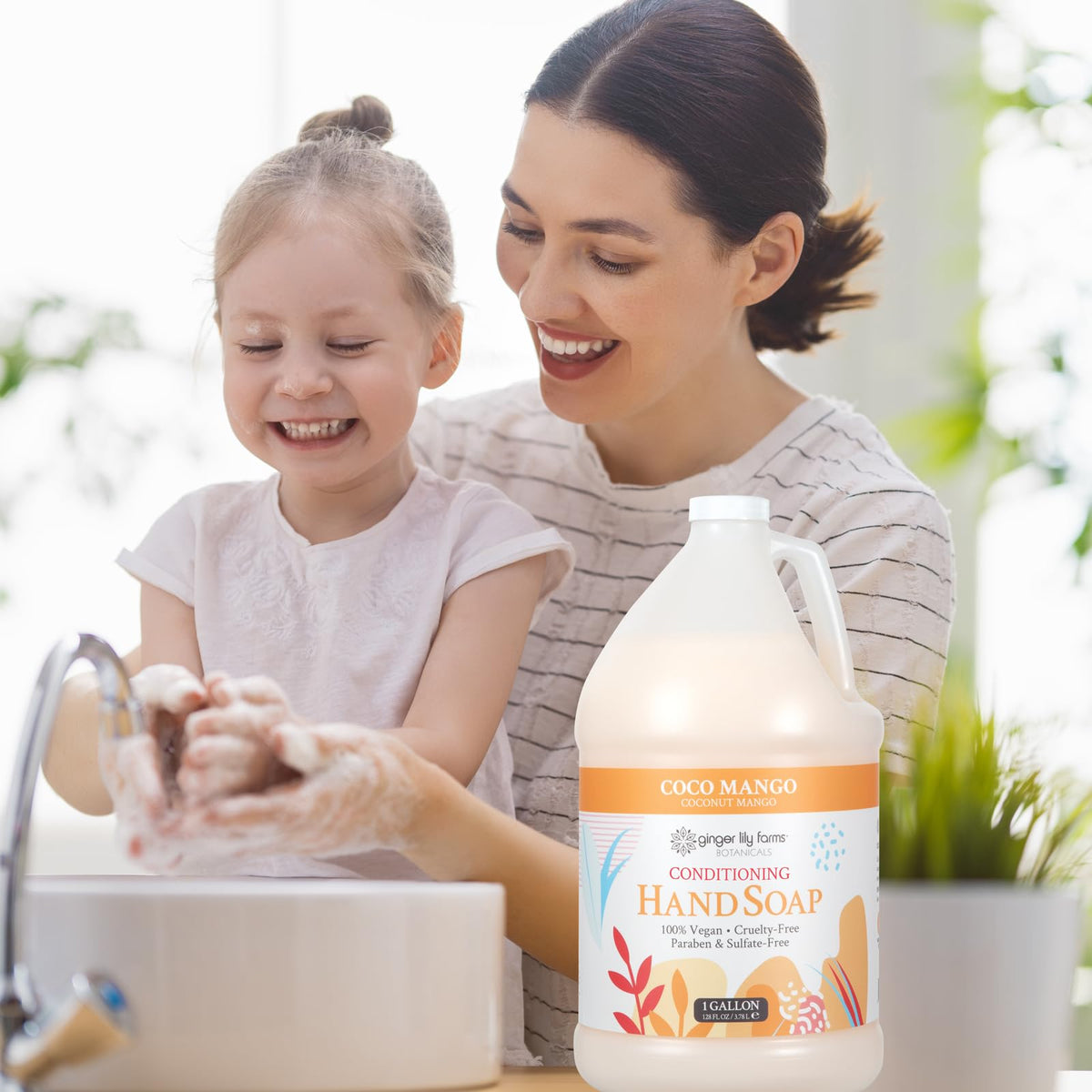 Ginger Lily Farms bottle staged in bathroom conveying tropical scent uplift