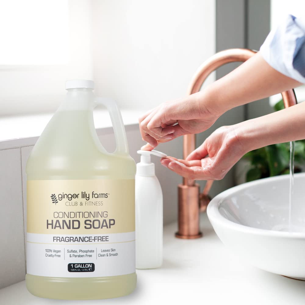 Ginger Lily Farms soap in commercial dispenser showing convenience benefit