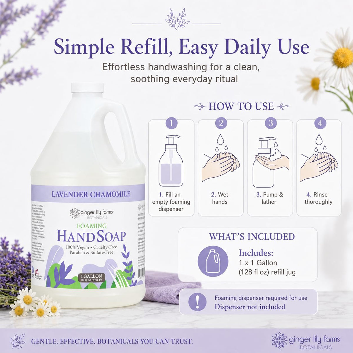 Ginger Lily Farms filled dispenser in a bathroom for everyday convenient use