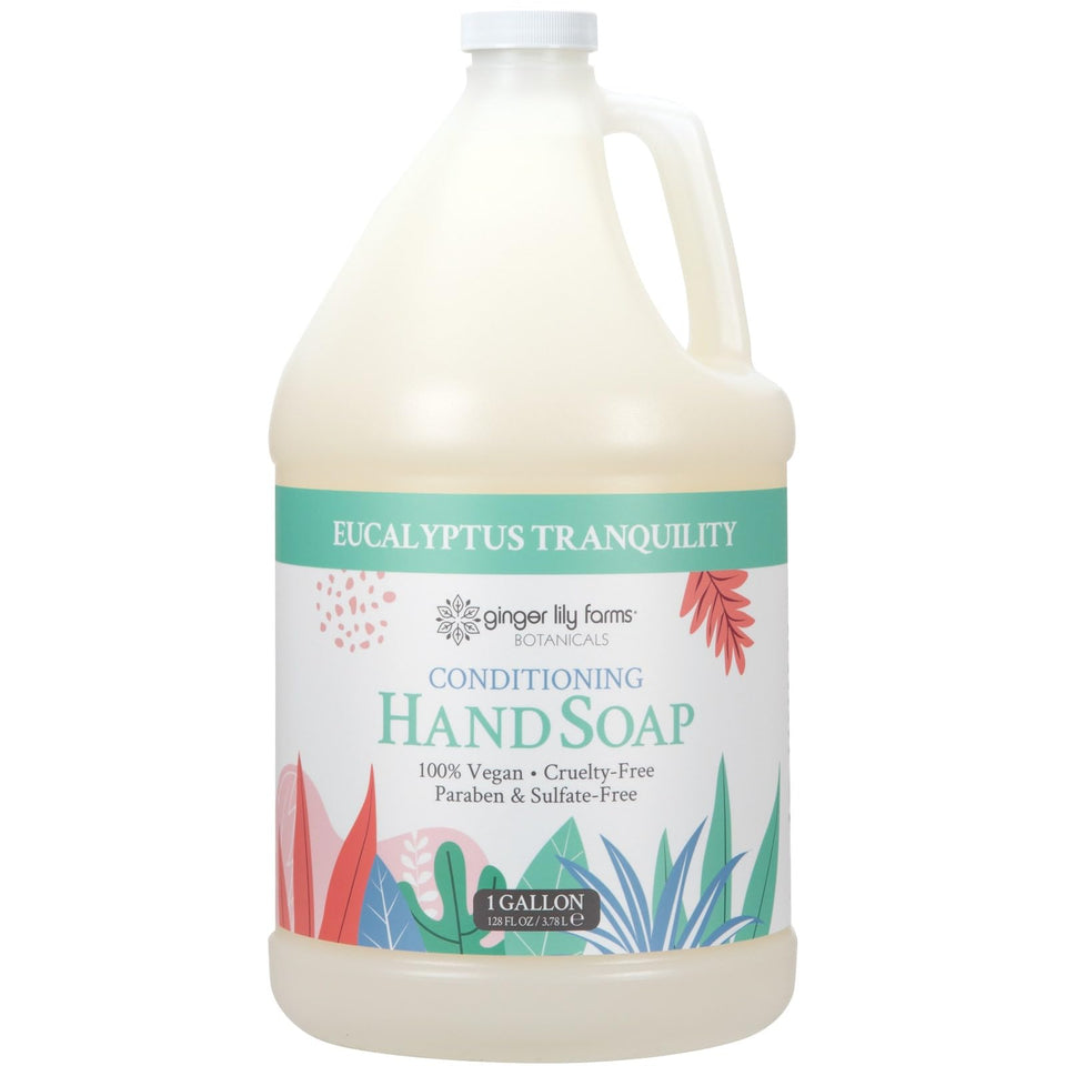 Ginger Lily Farms gallon front view highlighting eucalyptus scent and refill benefits