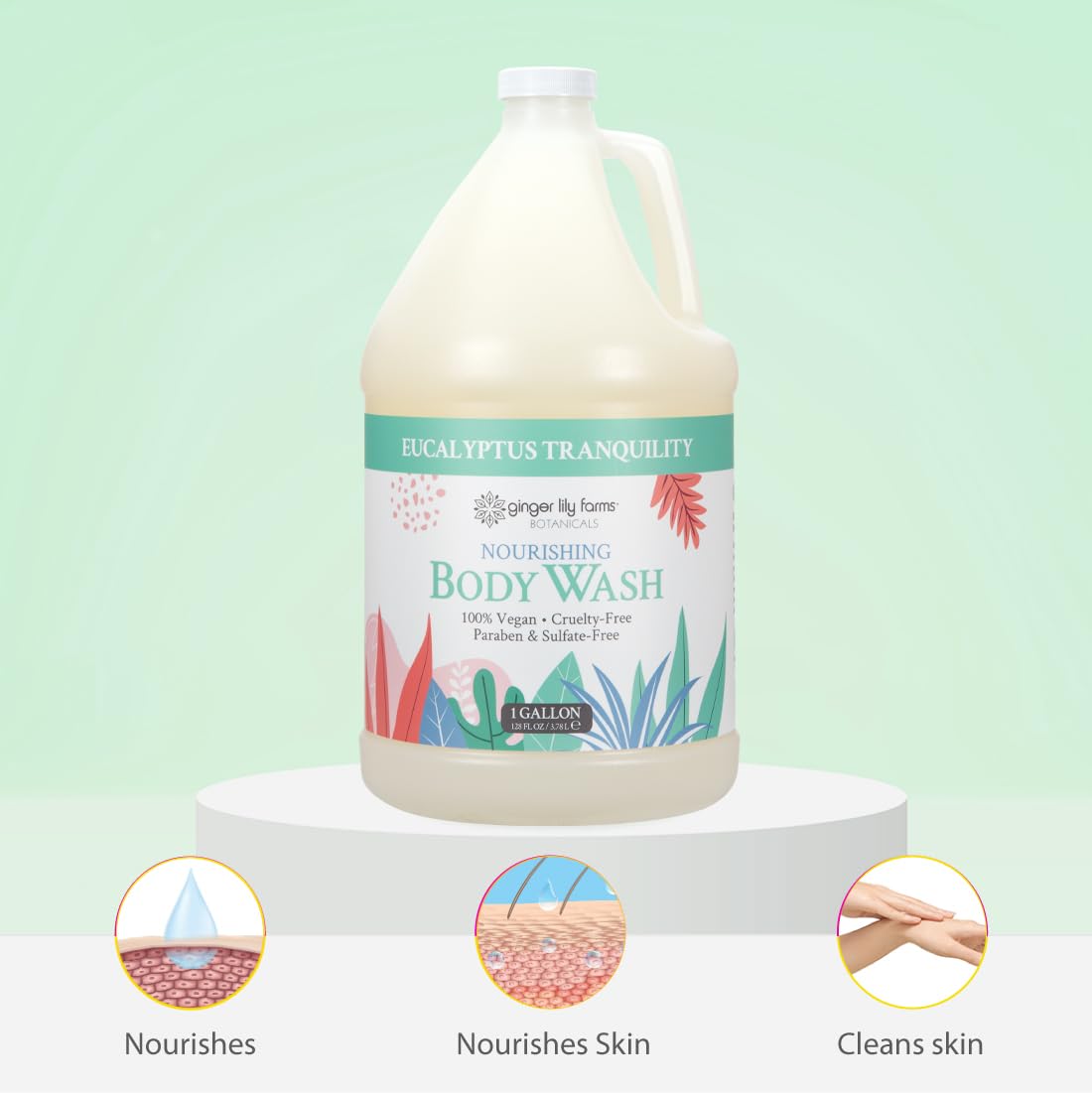 Ginger Lily Farms gallon beside dispenser showing size and refill convenience