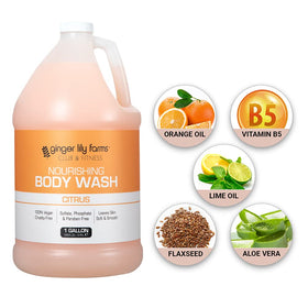 Ginger Lily Farms gallon refill next to gym shower dispenser illustrating commercial convenience