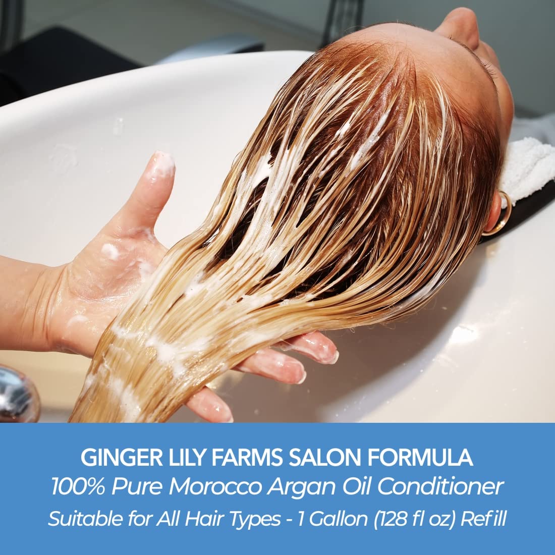 Ginger Lily Farms hands applying conditioner to wet hair for smoother strands