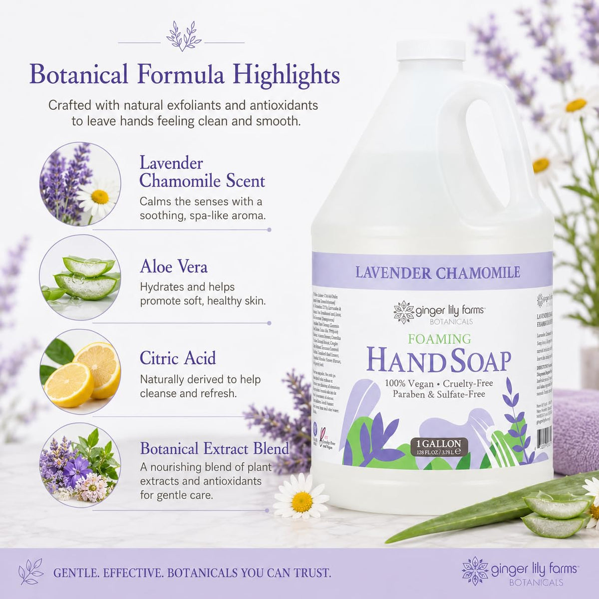 Ginger Lily Farms lavender and chamomile botanicals that provide a calming scent
