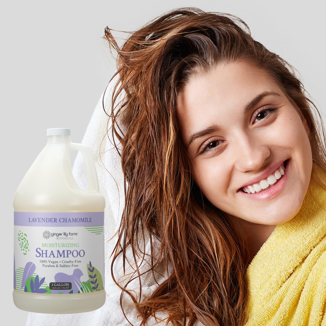 Ginger Lily Farms bottle with lavender chamomile setting promoting calm scent