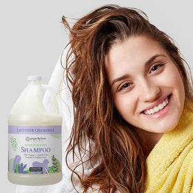 Ginger Lily Farms bottle with lavender chamomile setting promoting calm scent