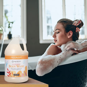 Ginger Lily Farms lifestyle bathroom setting evokes tropical coconut mango experience
