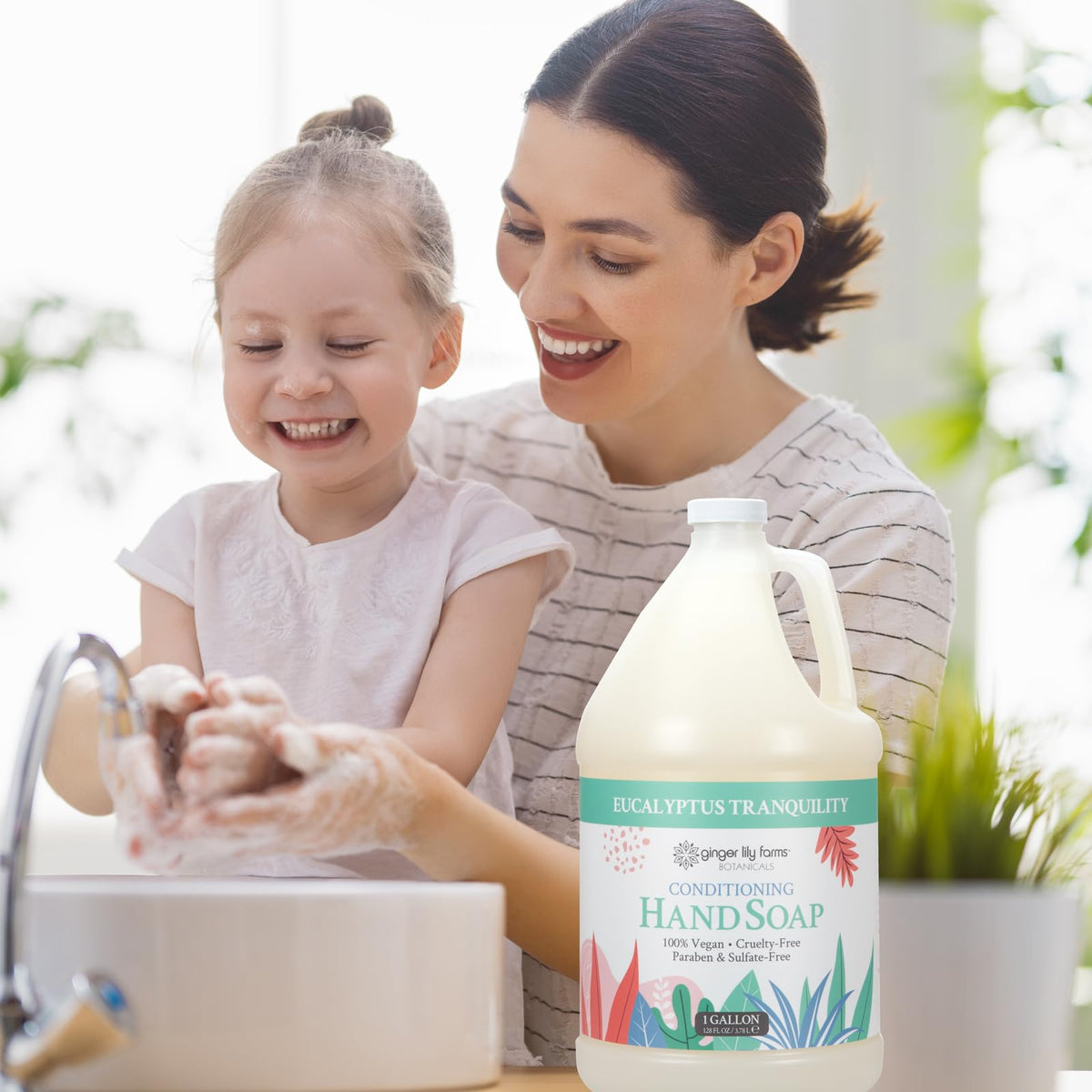 Ginger Lily Farms bottle in a spa-style bathroom conveying calming eucalyptus fragrance