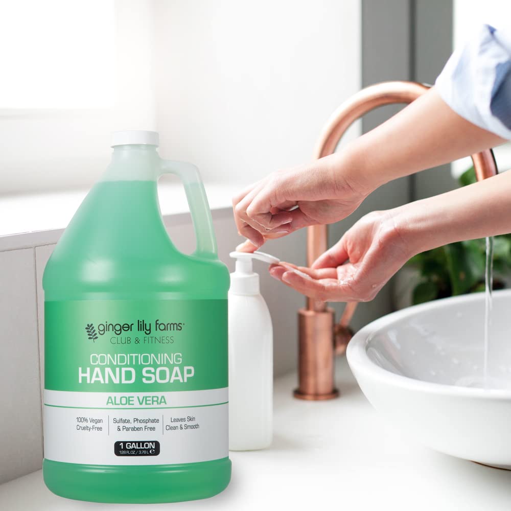 Ginger Lily Farms hand soap beside gym sink highlighting fresh aloe scent benefit