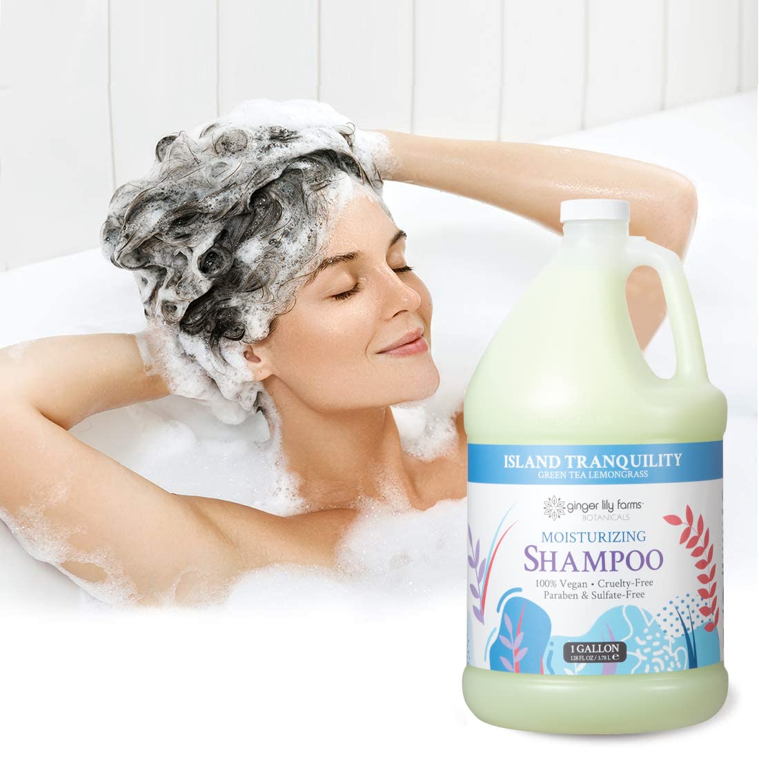 Ginger Lily Farms shampoo in spa scene conveying calming scent experience