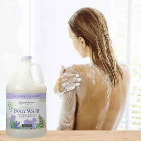 Ginger Lily Farms bottle in a spa-style setting conveying relaxation