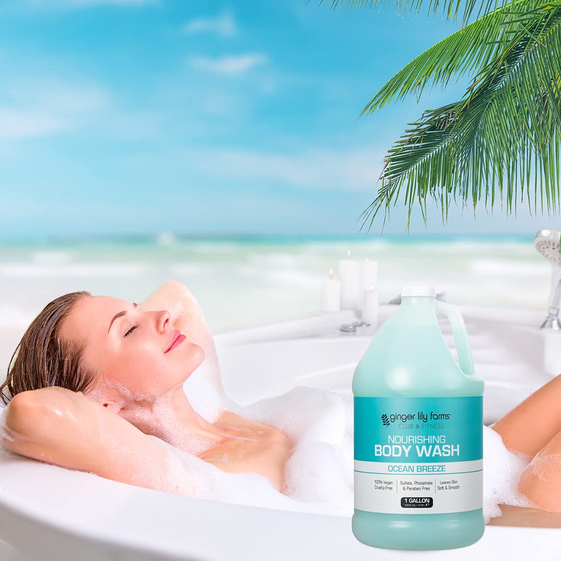 Ginger Lily Farms bottle in gym shower setting showing freshness after workouts benefit