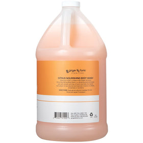 Ginger Lily Farms being poured into a dispenser next to a scale demonstrating size and refill benefit