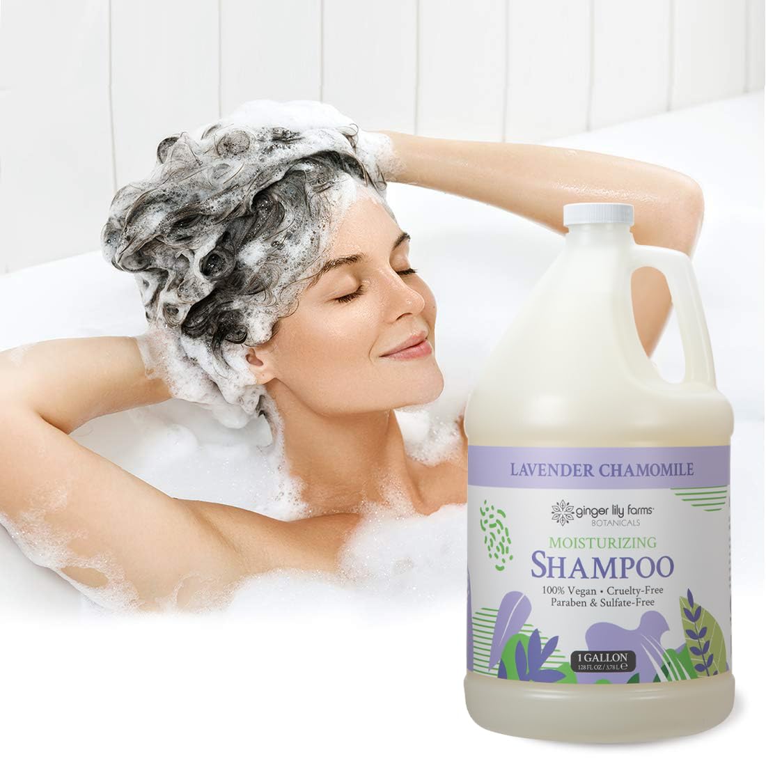 Ginger Lily Farms bottle on a salon backbar conveying professional, economical use