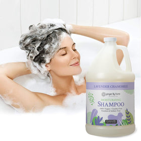 Ginger Lily Farms bottle on a salon backbar conveying professional, economical use